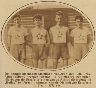 871365 Groepsportret van de estafetteploeg van de Utrechtse atletiekvereniging Hellas, die bij de kampioenschappen van ...